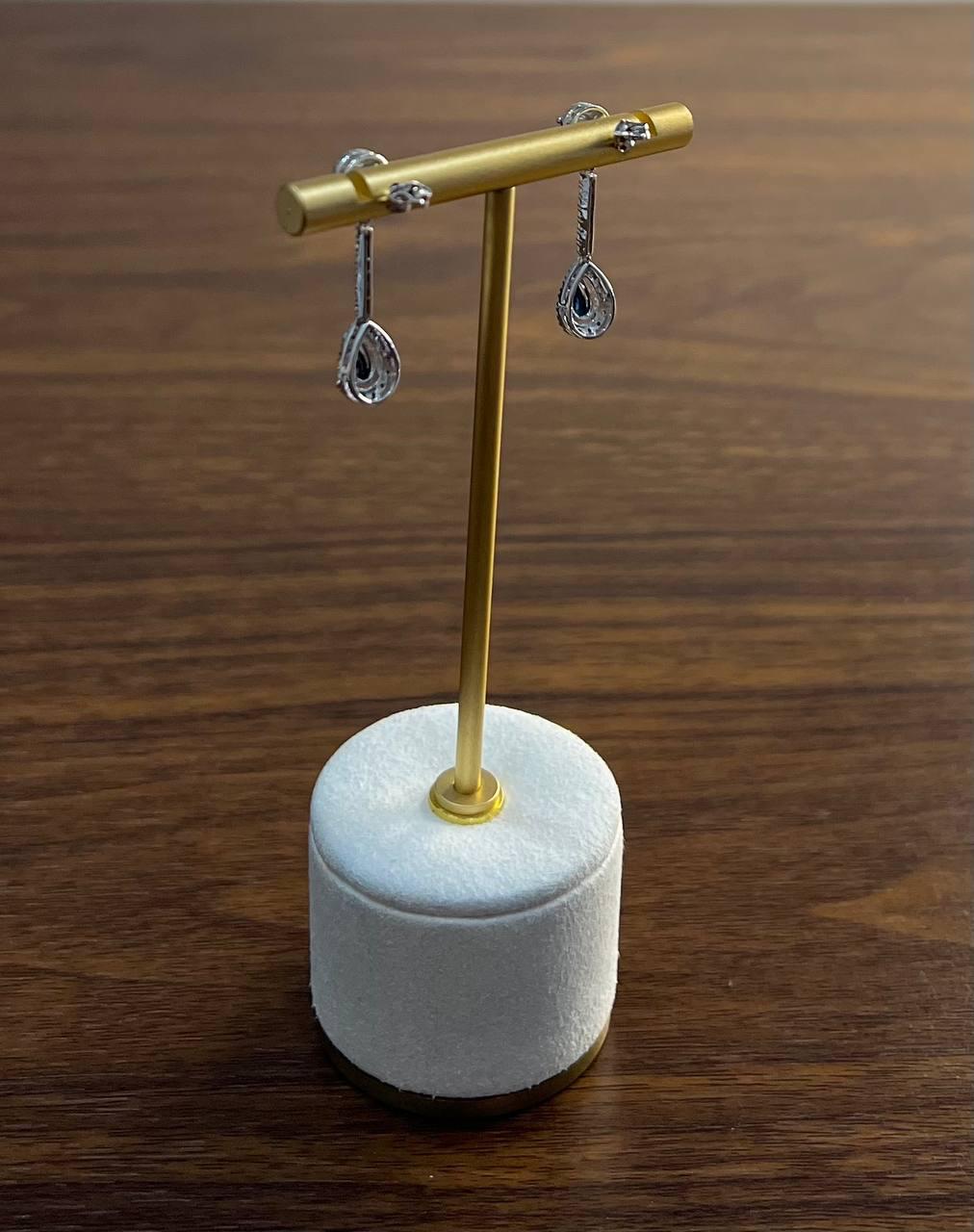 Pear Teardrop Shape Blue Sapphire Diamond Halo 14K White Gold Drop Earrings