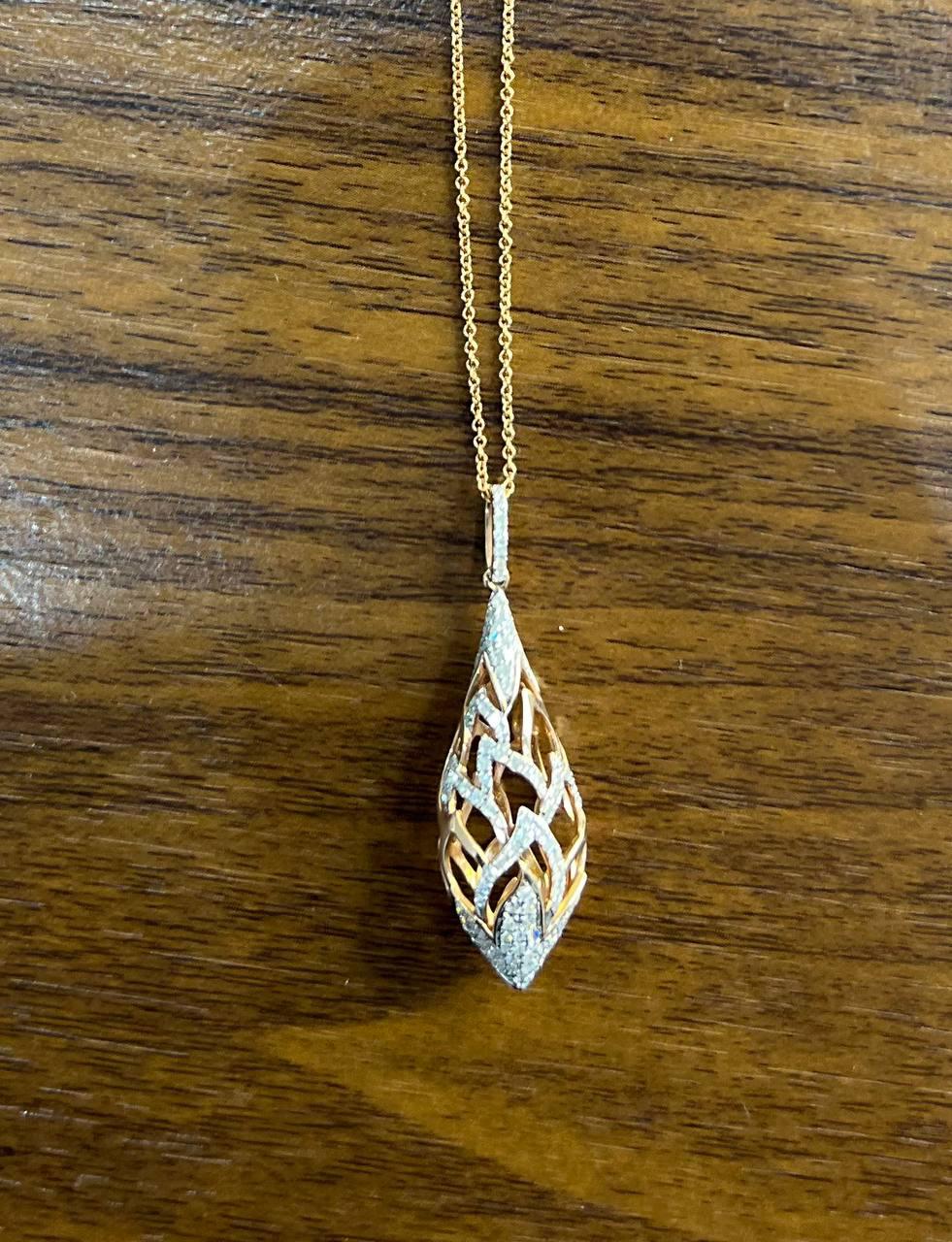Elegant Diamond Pave Leaf Leaves Shell Motif 14K Rose Gold Pendant Necklace