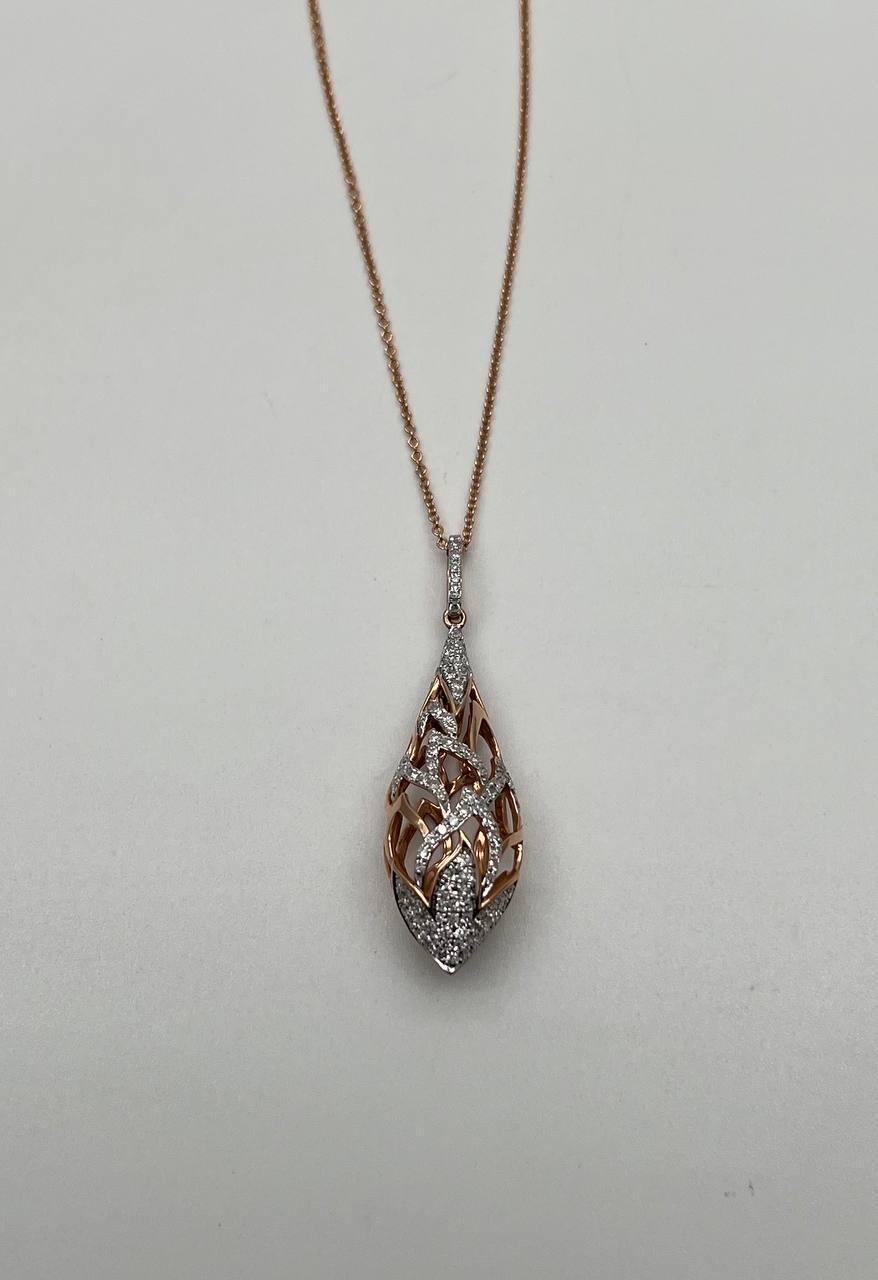 Elegant Diamond Pave Leaf Leaves Shell Motif 14K Rose Gold Pendant Necklace