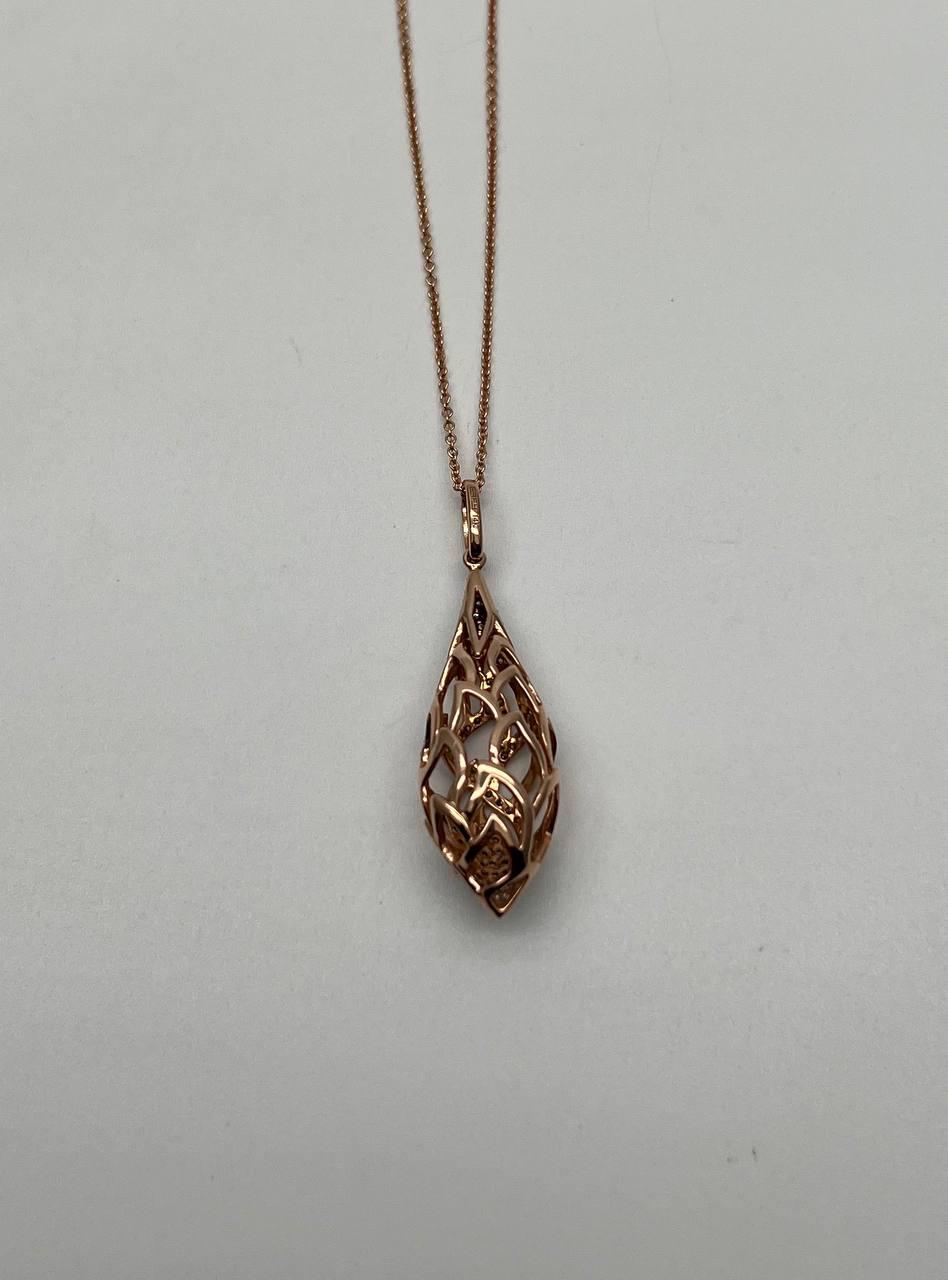 Elegant Diamond Pave Leaf Leaves Shell Motif 14K Rose Gold Pendant Necklace