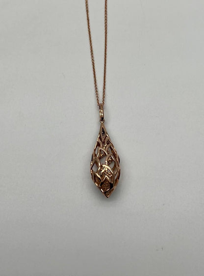 Elegant Diamond Pave Leaf Leaves Shell Motif 14K Rose Gold Pendant Necklace