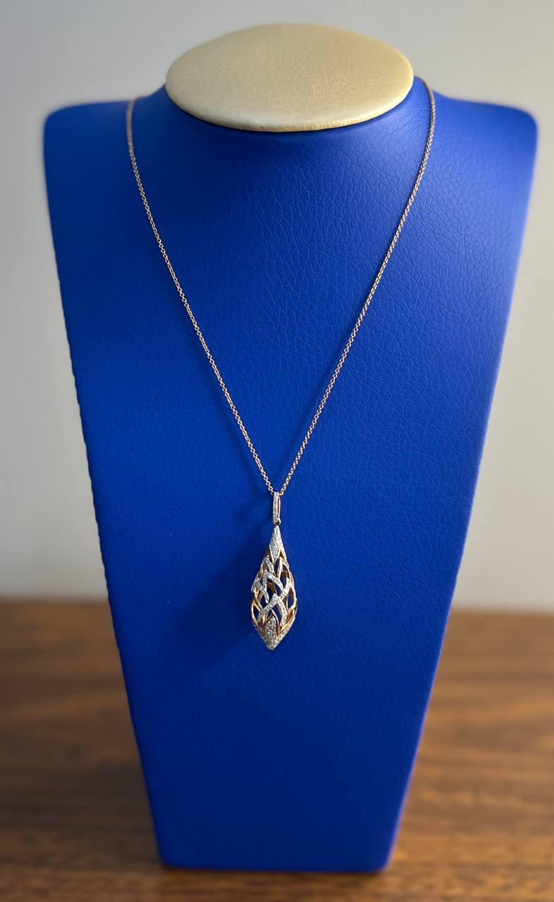 Elegant Diamond Pave Leaf Leaves Shell Motif 14K Rose Gold Pendant Necklace
