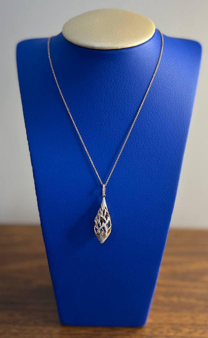 Elegant Diamond Pave Leaf Leaves Shell Motif 14K Rose Gold Pendant Necklace