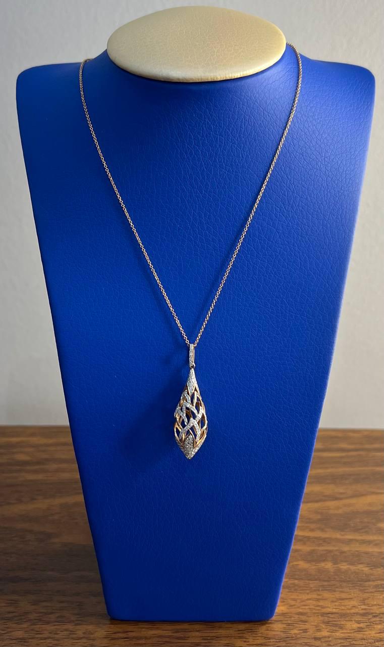Elegant Diamond Pave Leaf Leaves Shell Motif 14K Rose Gold Pendant Necklace
