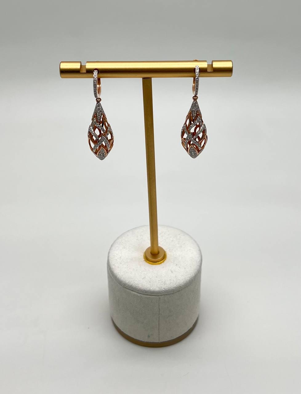 Elegant Diamond Pave Leaf Leaves Shell Motif 14K Rose Gold Dangle Earrings