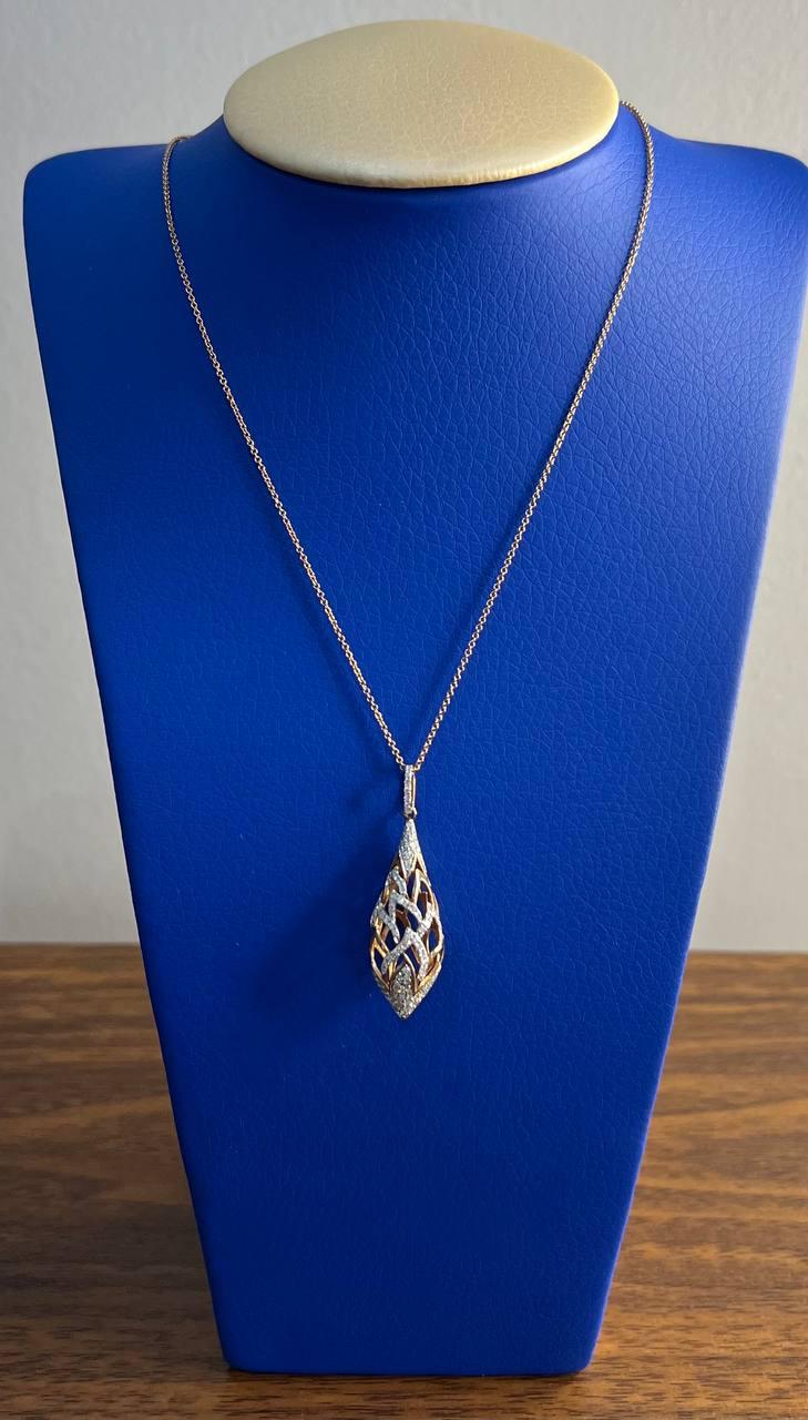 Elegant Diamond Pave Leaf Leaves Shell Motif 14K Rose Gold Pendant Necklace