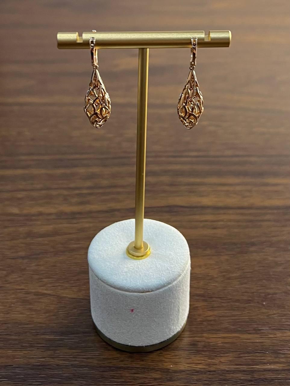 Elegant Diamond Pave Leaf Leaves Shell Motif 14K Rose Gold Dangle Earrings