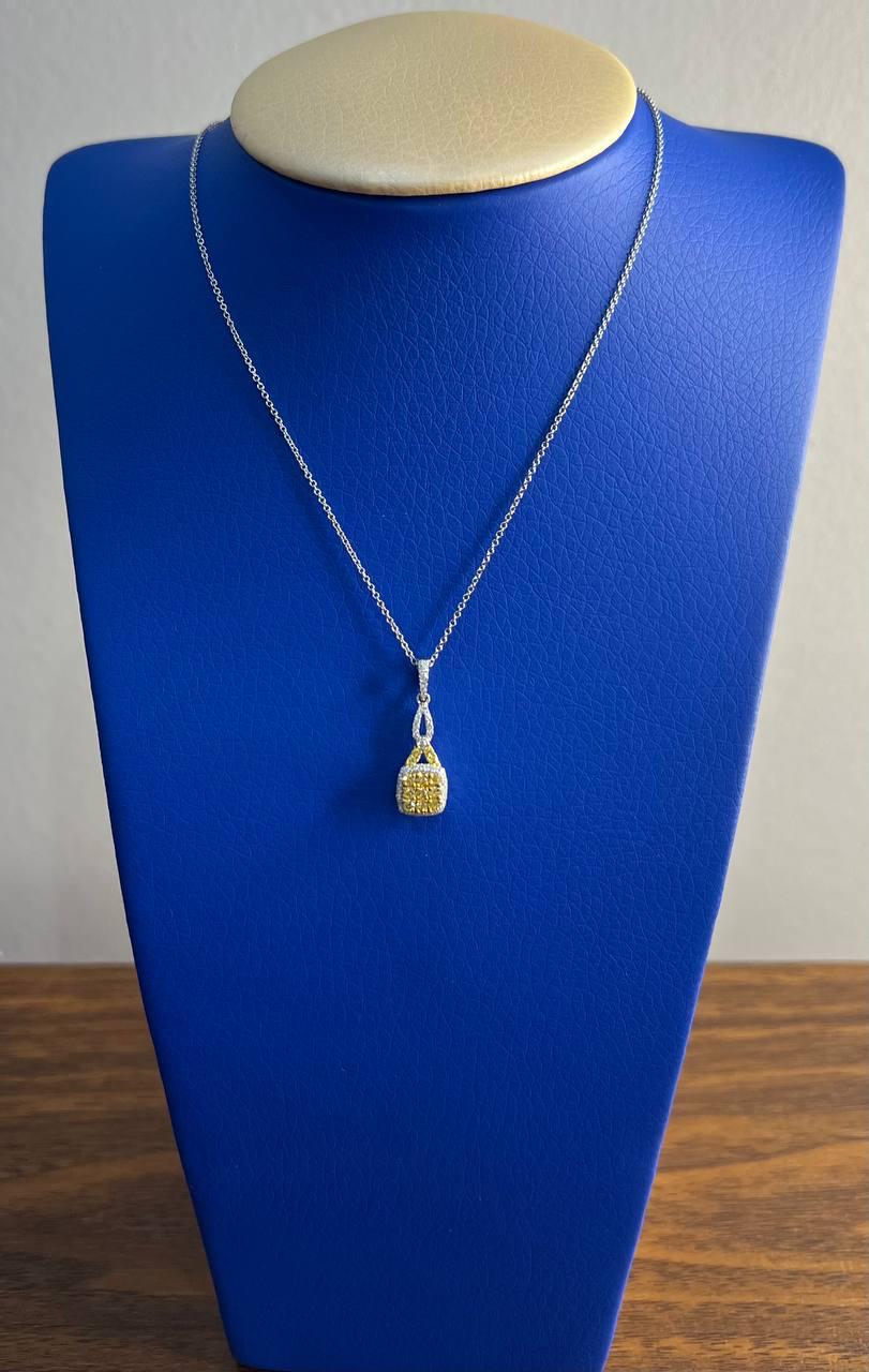 Yellow Diamond Pave Set 14K White Gold Statement Drop Pendant Chain Necklace