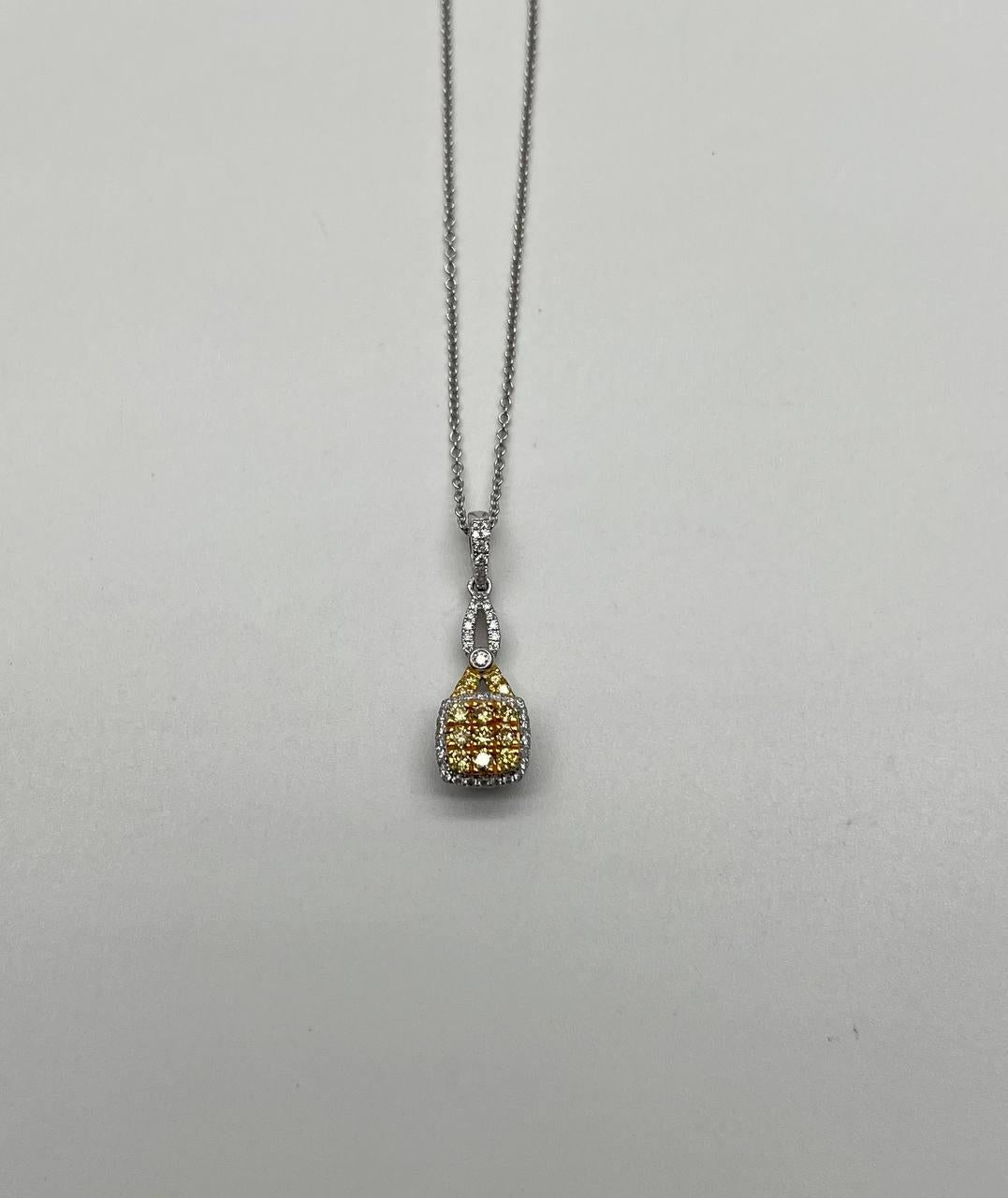 Yellow Diamond Pave Set 14K White Gold Statement Drop Pendant Chain Necklace