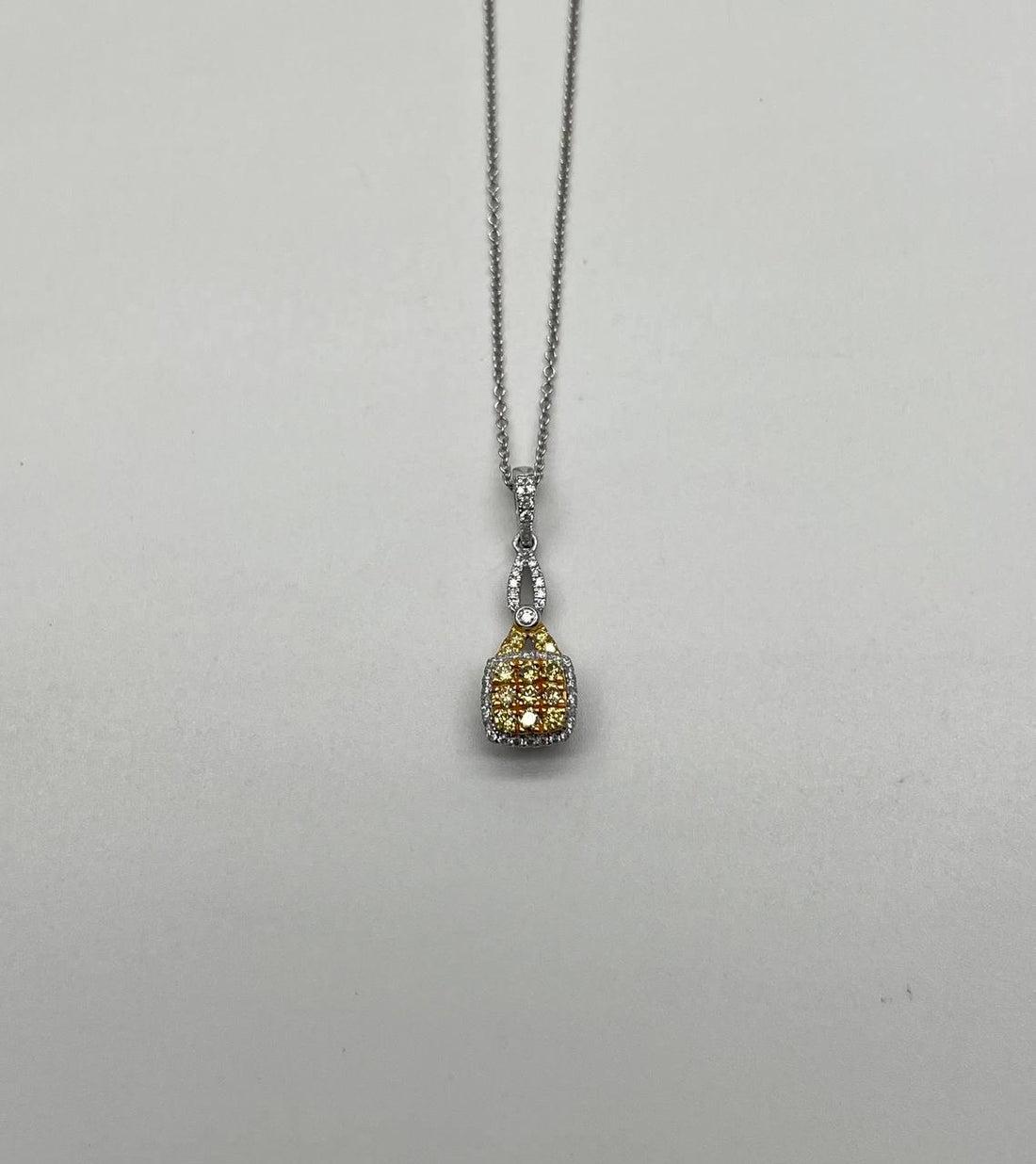 Yellow Diamond Pave Set 14K White Gold Statement Drop Pendant Chain Necklace