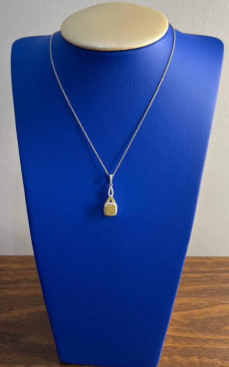 Yellow Diamond Pave Set 14K White Gold Statement Drop Pendant Chain Necklace