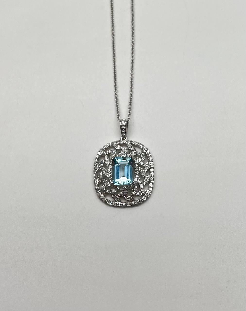 Blue Aquamarine Leaf Leaves Wreath Diamond Halo 14K White Gold Pendant Necklace
