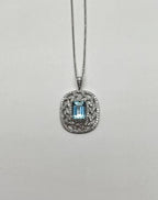 Blue Aquamarine Leaf Leaves Wreath Diamond Halo 14K White Gold Pendant Necklace