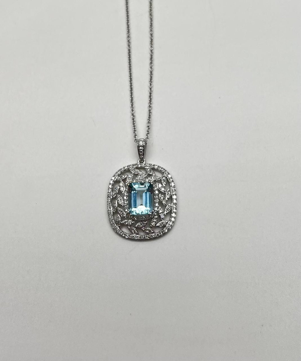 Blue Aquamarine Leaf Leaves Wreath Diamond Halo 14K White Gold Pendant Necklace