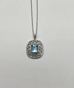 Blue Aquamarine Leaf Leaves Wreath Diamond Halo 14K White Gold Pendant Necklace