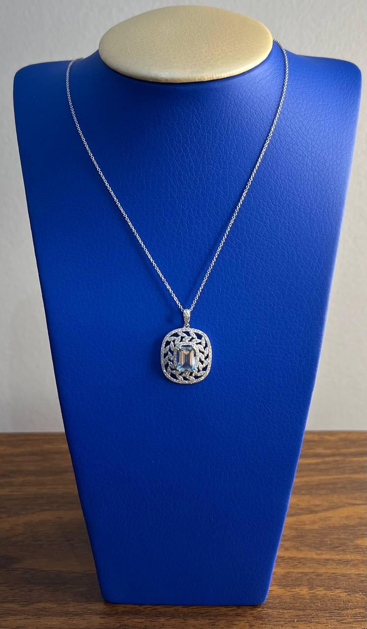 Blue Aquamarine Leaf Leaves Wreath Diamond Halo 14K White Gold Pendant Necklace