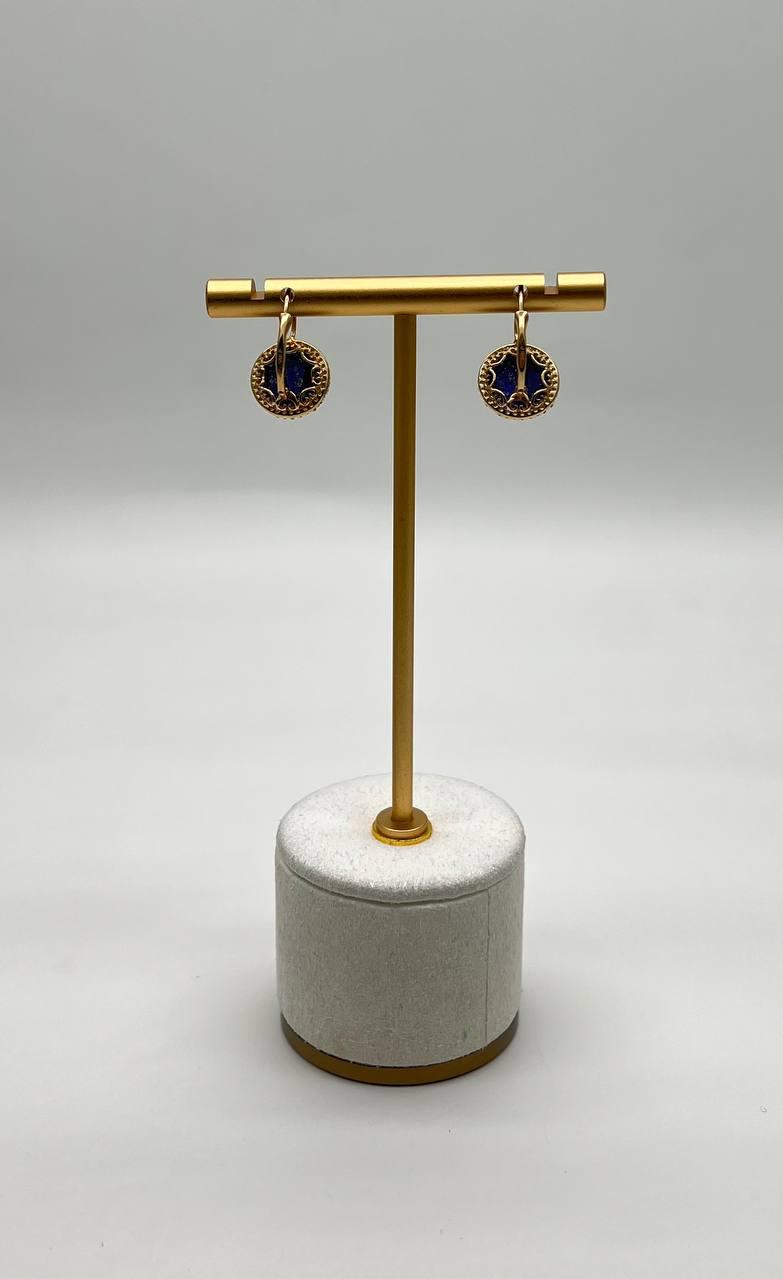 Small Round Blue Lapis Lazuli Diamonds Halo 14K Yellow Gold Statement Earrings