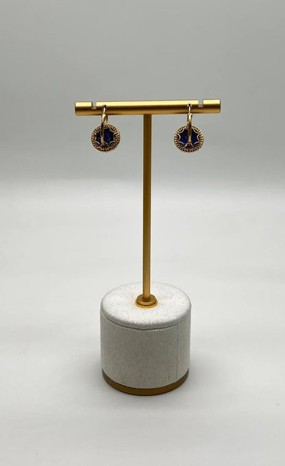 Small Round Blue Lapis Lazuli Diamonds Halo 14K Yellow Gold Statement Earrings