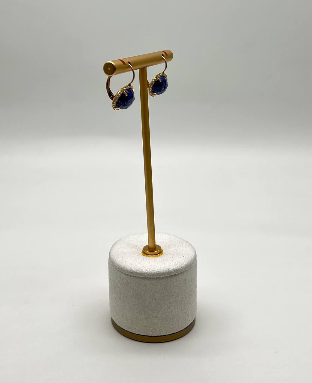 Small Round Blue Lapis Lazuli Diamonds Halo 14K Yellow Gold Statement Earrings