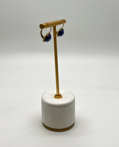 Small Round Blue Lapis Lazuli Diamonds Halo 14K Yellow Gold Statement Earrings