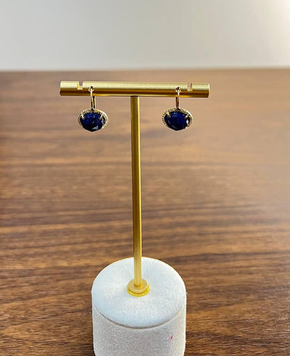 Small Round Blue Lapis Lazuli Diamonds Halo 14K Yellow Gold Statement Earrings