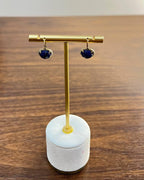 Small Round Blue Lapis Lazuli Diamonds Halo 14K Yellow Gold Statement Earrings