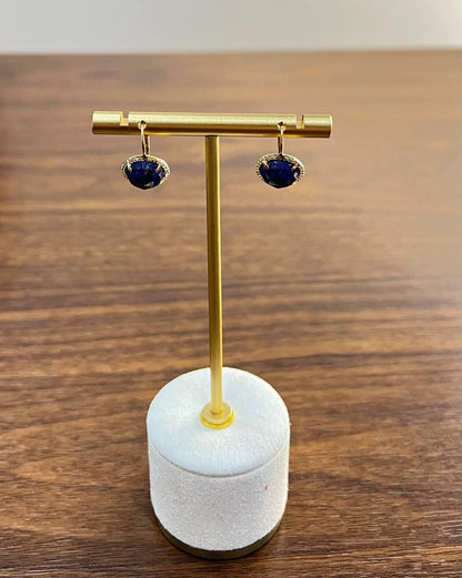 Small Round Blue Lapis Lazuli Diamonds Halo 14K Yellow Gold Statement Earrings