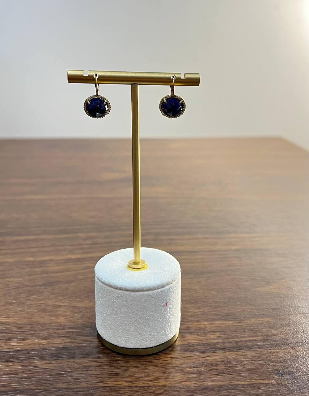 Small Round Blue Lapis Lazuli Diamonds Halo 14K Yellow Gold Statement Earrings
