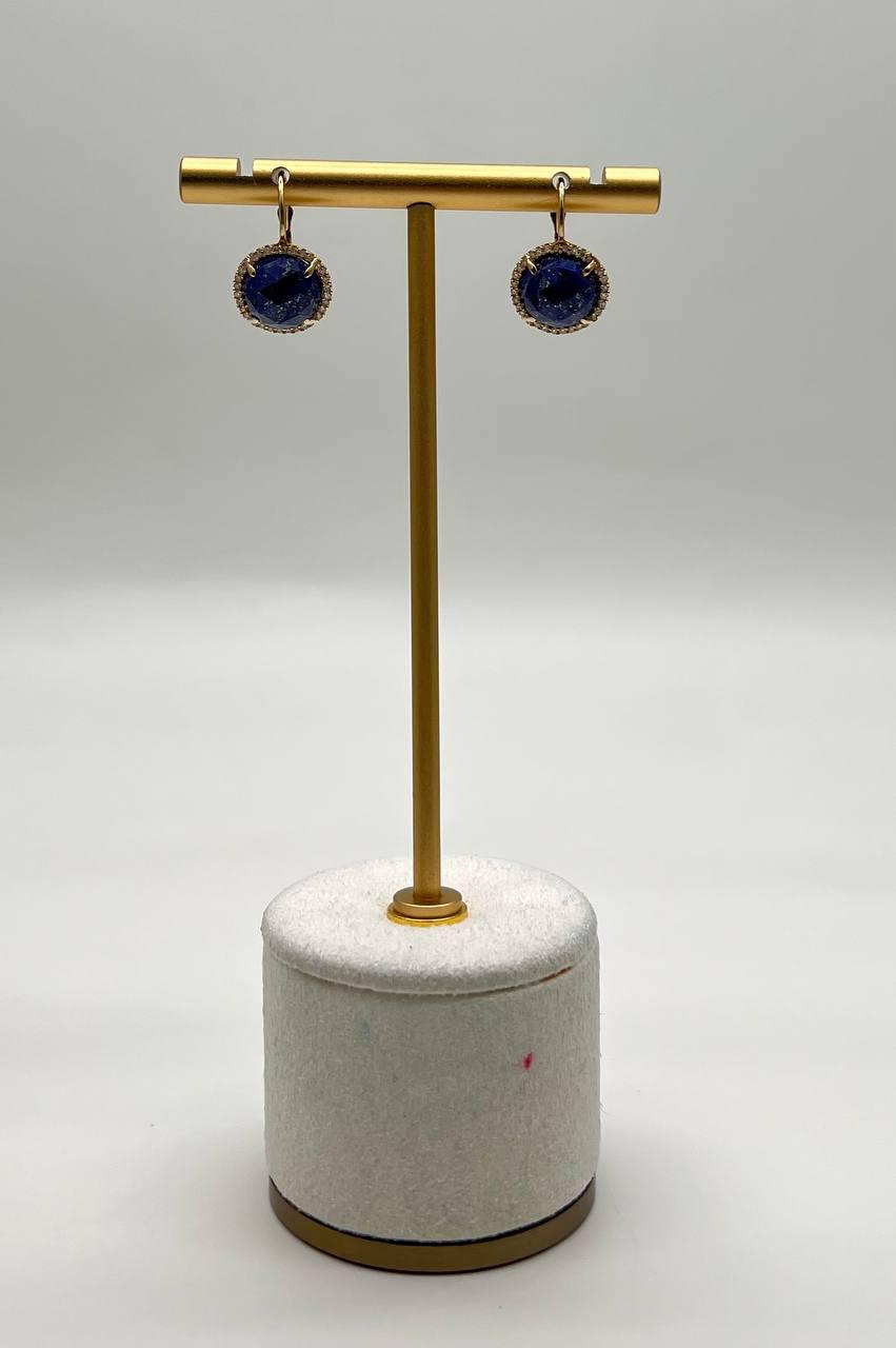 Small Round Blue Lapis Lazuli Diamonds Halo 14K Yellow Gold Statement Earrings