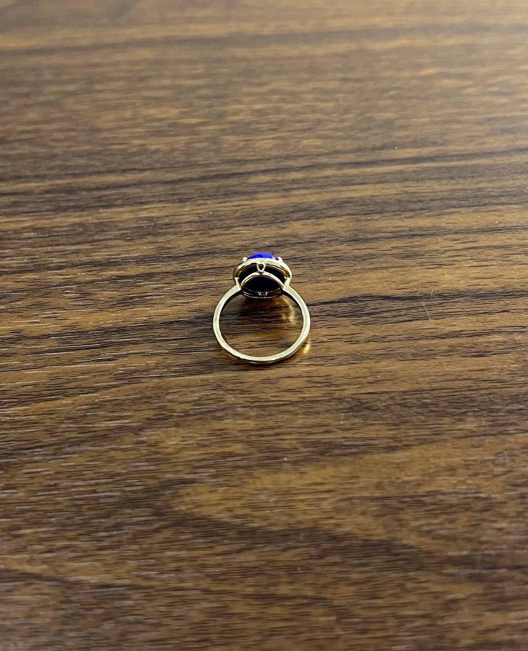 Small Round Blue Lapis Lazuli Diamonds Halo 14K Yellow Gold Statement Ring