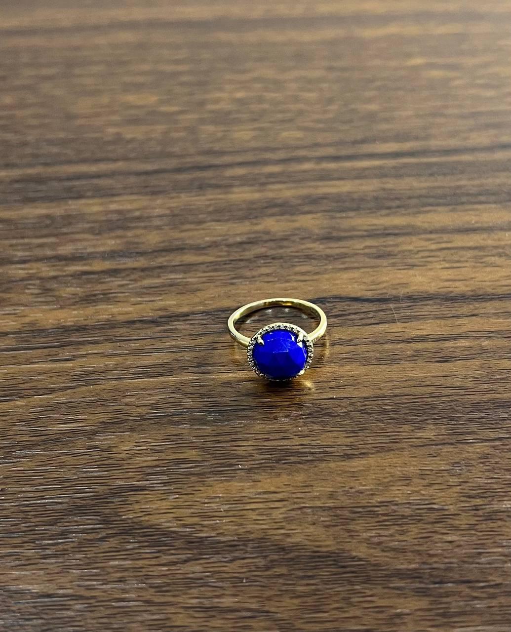 Small Round Blue Lapis Lazuli Diamonds Halo 14K Yellow Gold Statement Ring