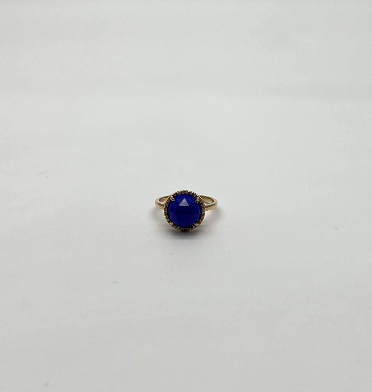 Small Round Blue Lapis Lazuli Diamonds Halo 14K Yellow Gold Statement Ring