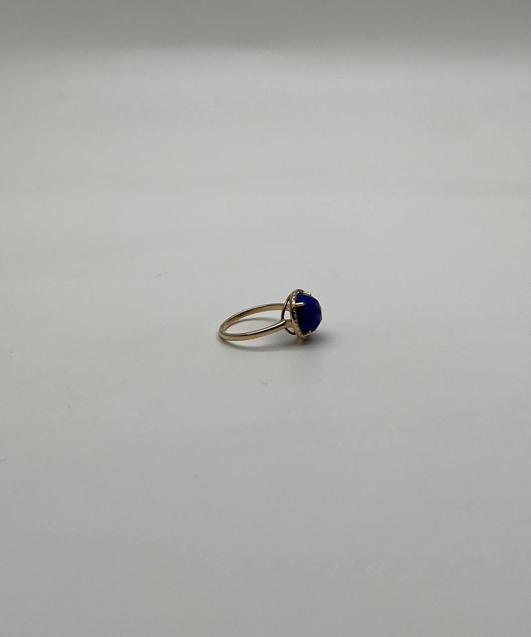 Small Round Blue Lapis Lazuli Diamonds Halo 14K Yellow Gold Statement Ring