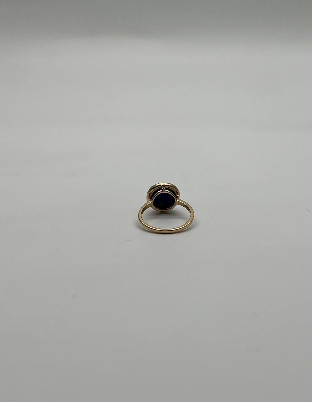 Small Round Blue Lapis Lazuli Diamonds Halo 14K Yellow Gold Statement Ring