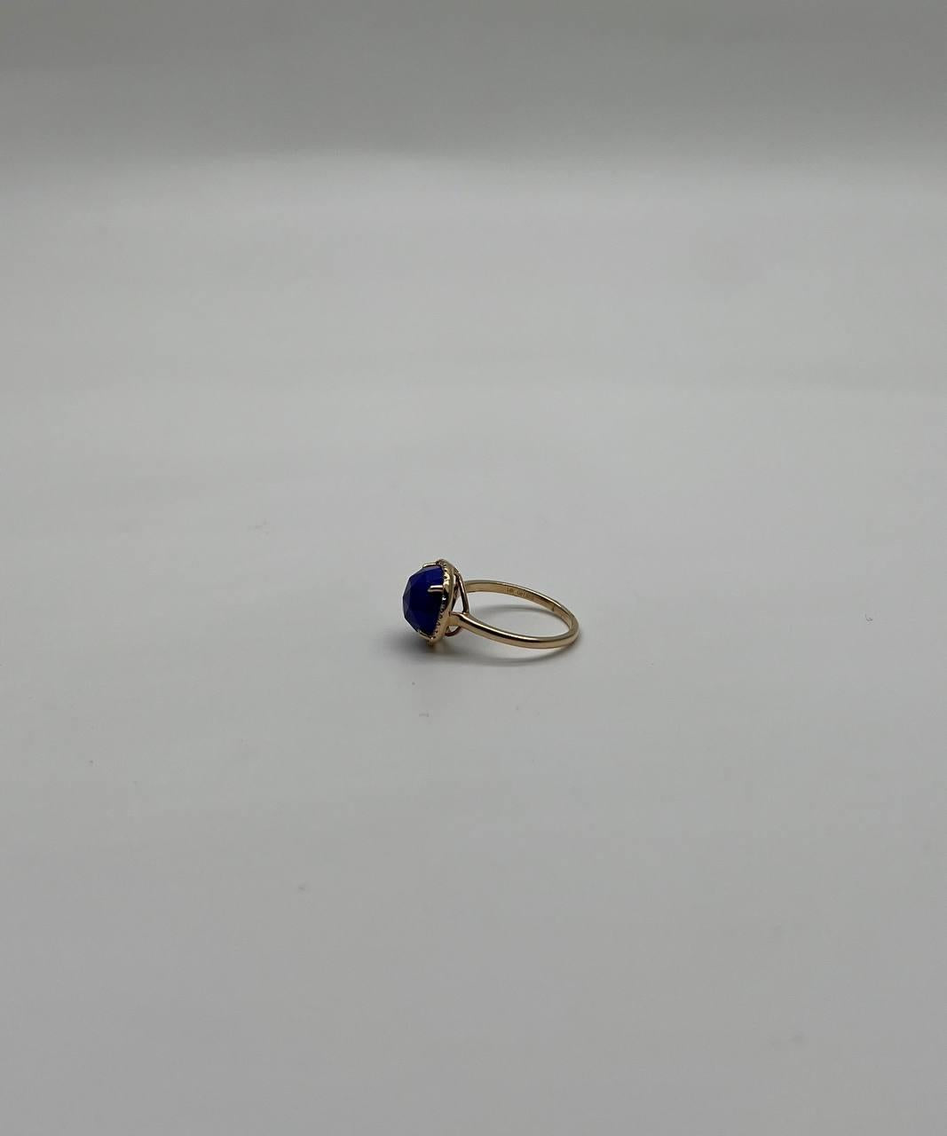 Small Round Blue Lapis Lazuli Diamonds Halo 14K Yellow Gold Statement Ring
