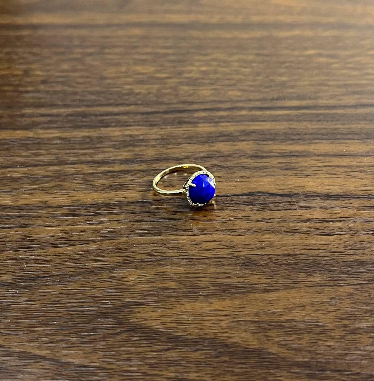Small Round Blue Lapis Lazuli Diamonds Halo 14K Yellow Gold Statement Ring