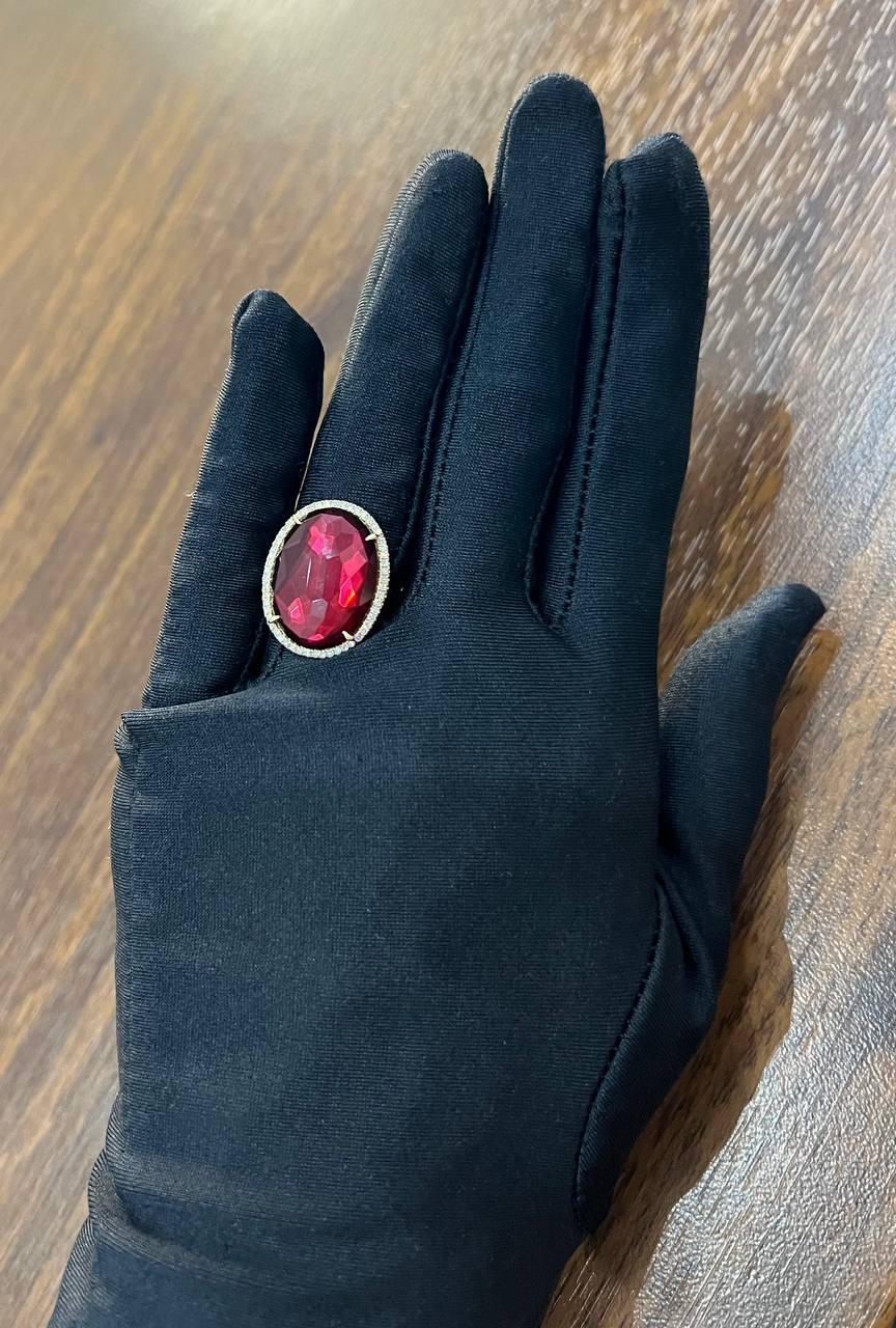 Oval Red Garnet Faceted Cabochon White Diamonds Halo 14K Gold Statement Ring