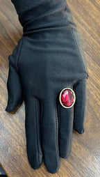 Oval Red Garnet Faceted Cabochon White Diamonds Halo 14K Gold Statement Ring