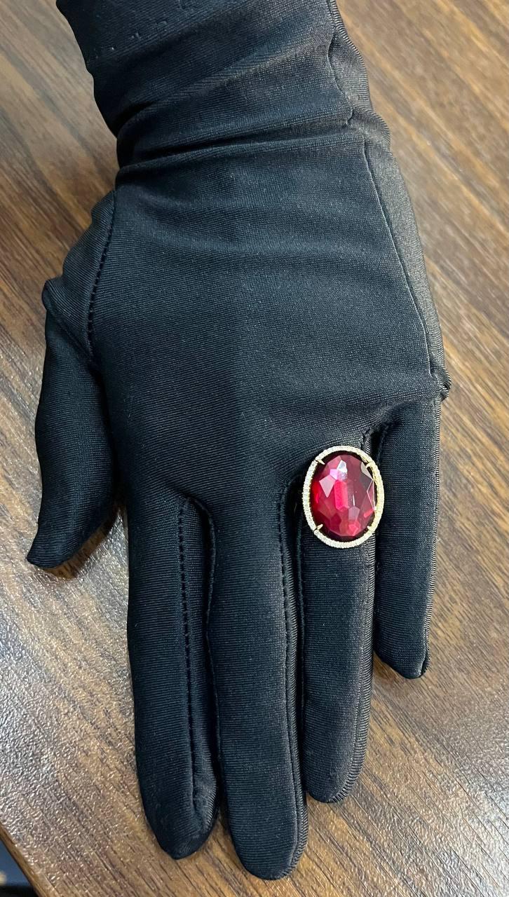 Oval Red Garnet Faceted Cabochon White Diamonds Halo 14K Gold Statement Ring