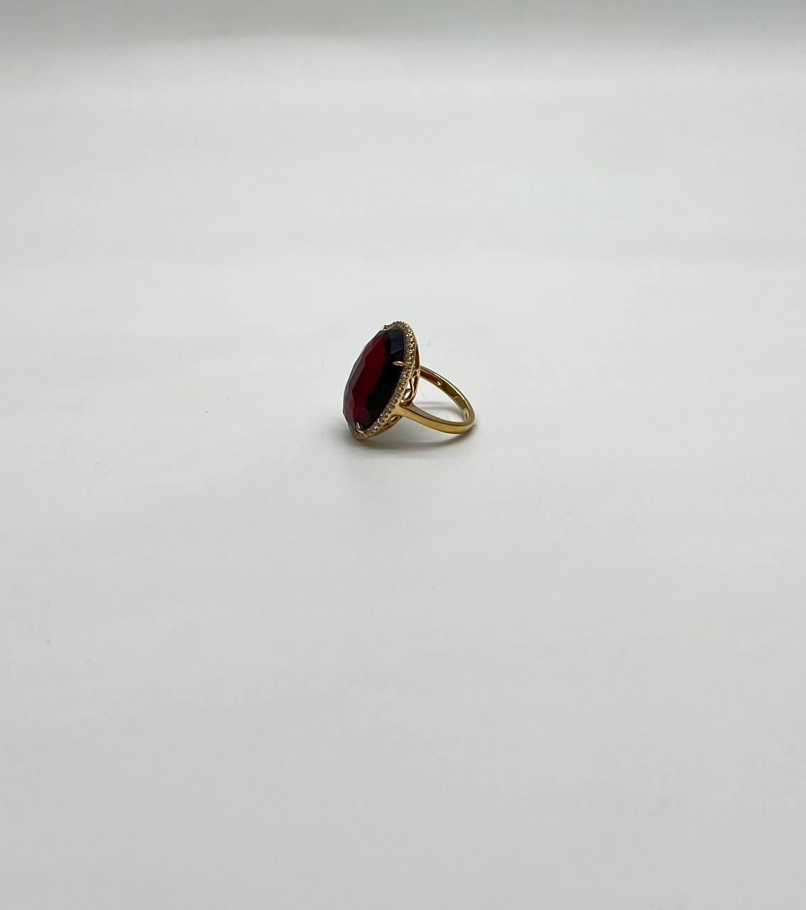 Oval Red Garnet Faceted Cabochon White Diamonds Halo 14K Gold Statement Ring