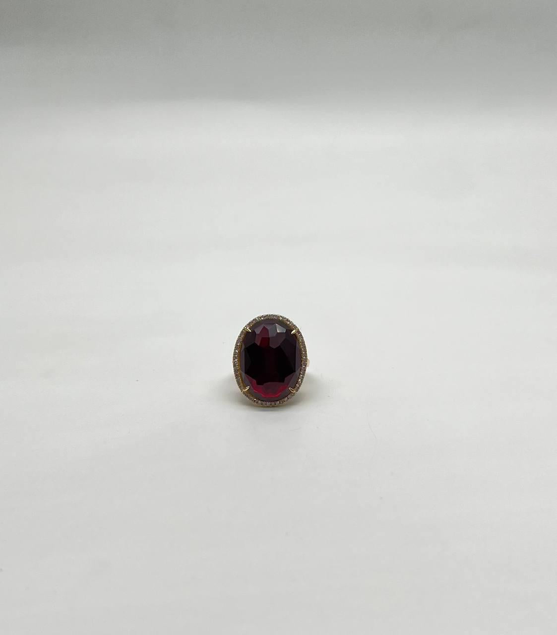 Oval Red Garnet Faceted Cabochon White Diamonds Halo 14K Gold Statement Ring