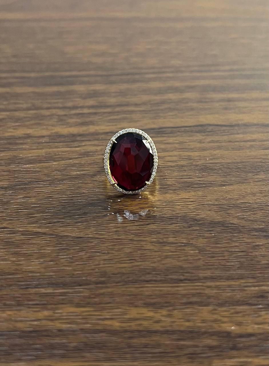 Oval Red Garnet Faceted Cabochon White Diamonds Halo 14K Gold Statement Ring