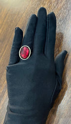 Oval Red Garnet Faceted Cabochon White Diamonds Halo 14K Gold Statement Ring