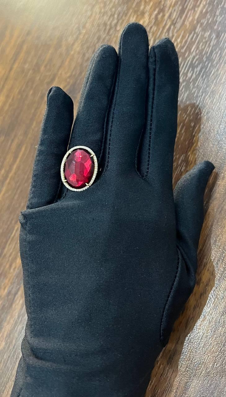 Oval Red Garnet Faceted Cabochon White Diamonds Halo 14K Gold Statement Ring