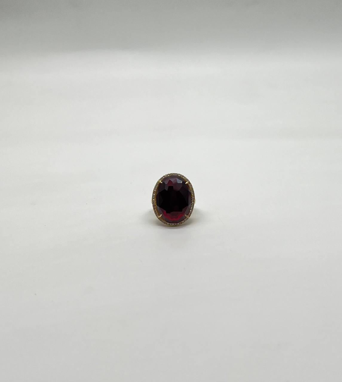 Oval Red Garnet Faceted Cabochon White Diamonds Halo 14K Gold Statement Ring