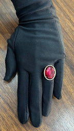 Oval Red Garnet Faceted Cabochon White Diamonds Halo 14K Gold Statement Ring