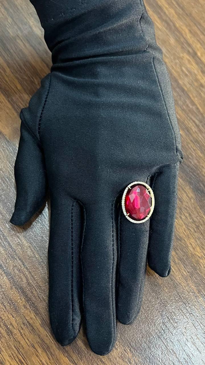 Oval Red Garnet Faceted Cabochon White Diamonds Halo 14K Gold Statement Ring