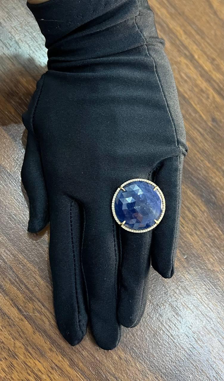Round Shape Blue Sapphire Faceted Cabochon Slice 14K Gold Diamond Halo Ring