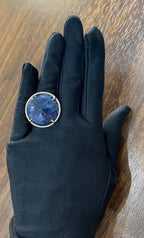 Round Shape Faceted Blue Sapphire Cabochon Diamond Halo 14K Yellow Gold Ring