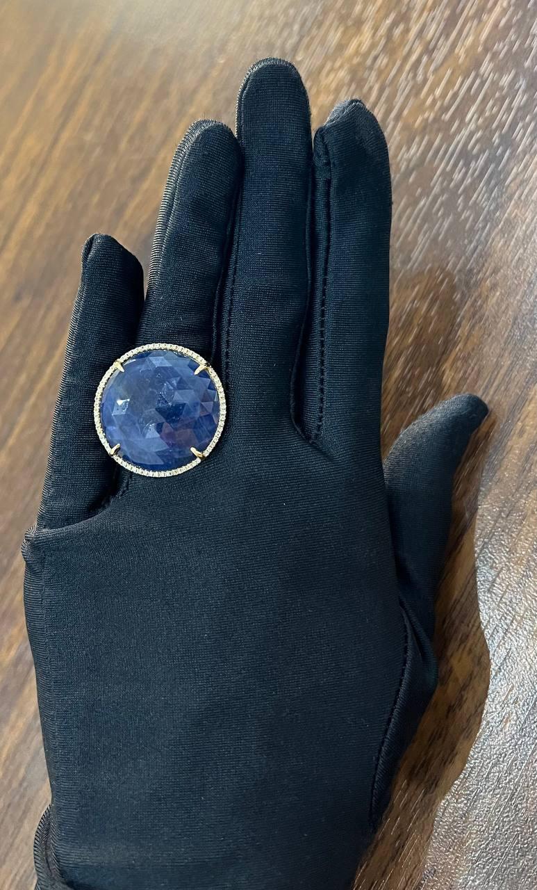 Round Shape Blue Sapphire Faceted Cabochon Slice 14K Gold Diamond Halo Ring